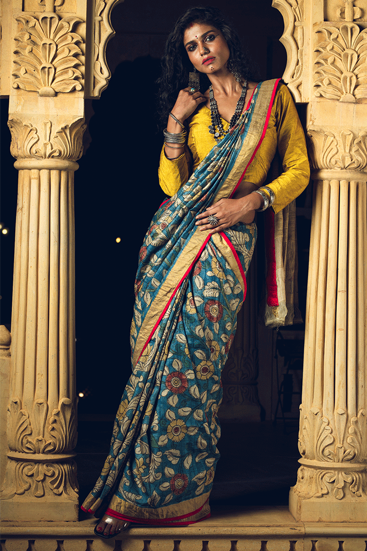 Blue Floral Kalamkari Pure Silk Handloom Sari