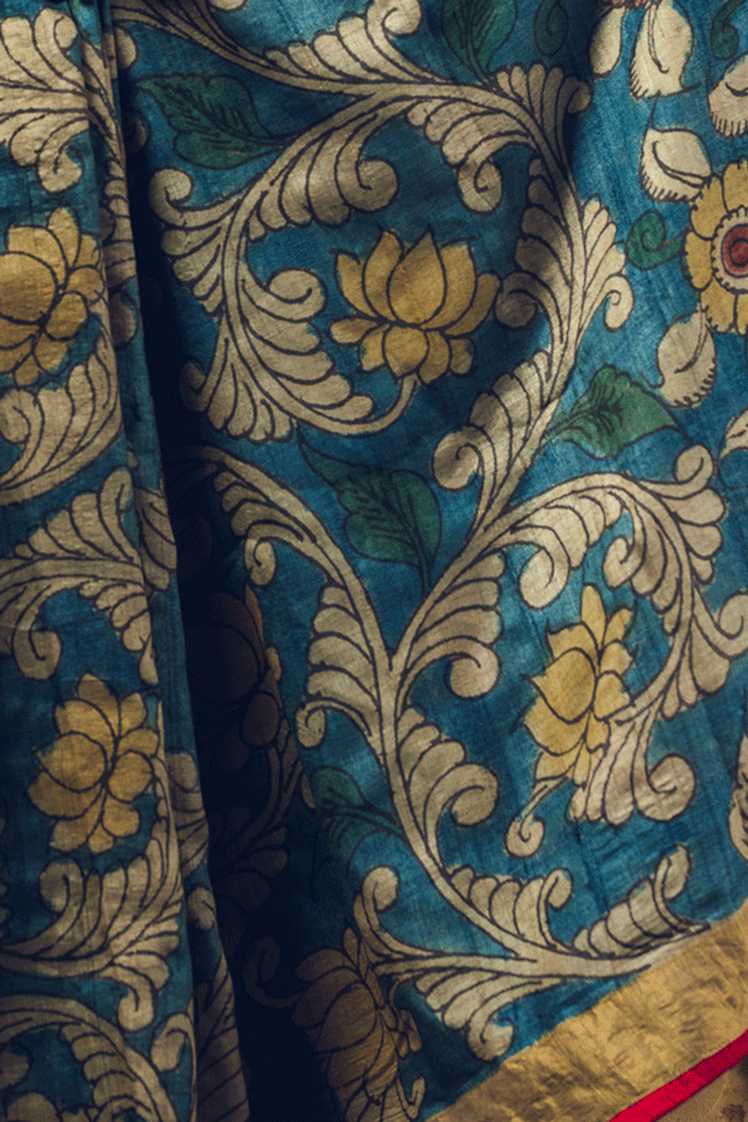 Blue Floral Kalamkari Pure Silk Handloom Sari