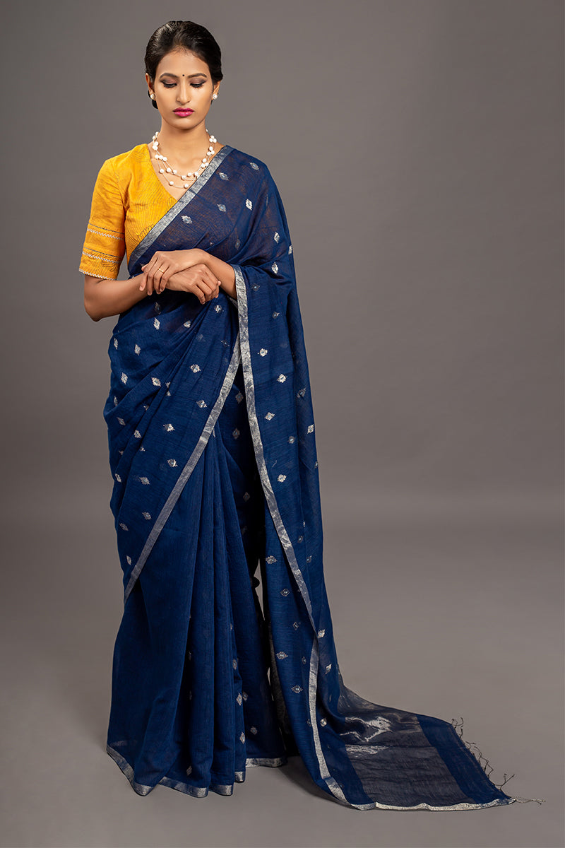 Navy Blue Zari Jamdani Pure Tussar Khadi Handloom Sari
