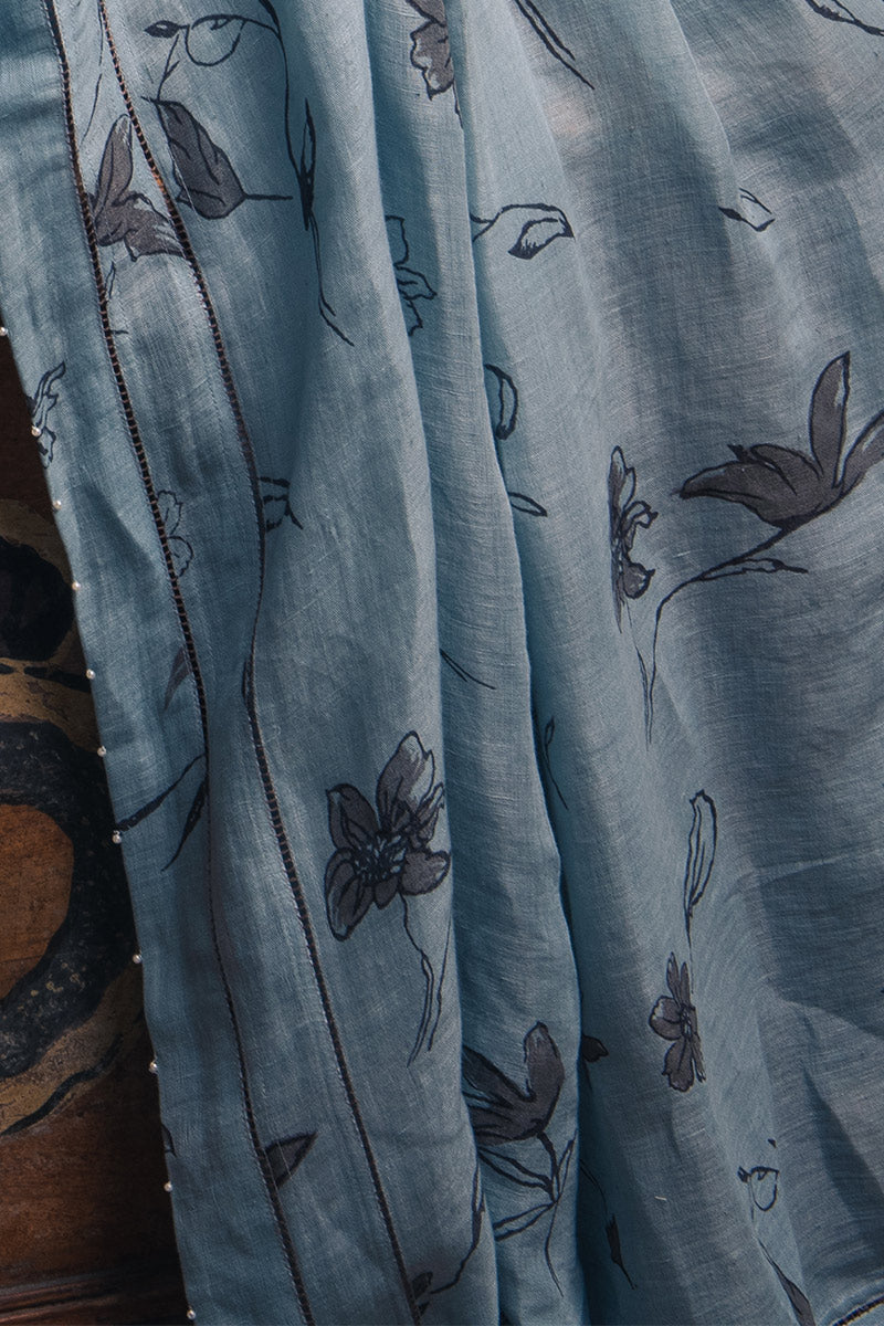 Spring Powder Grey Blue Linen Handloom Sari