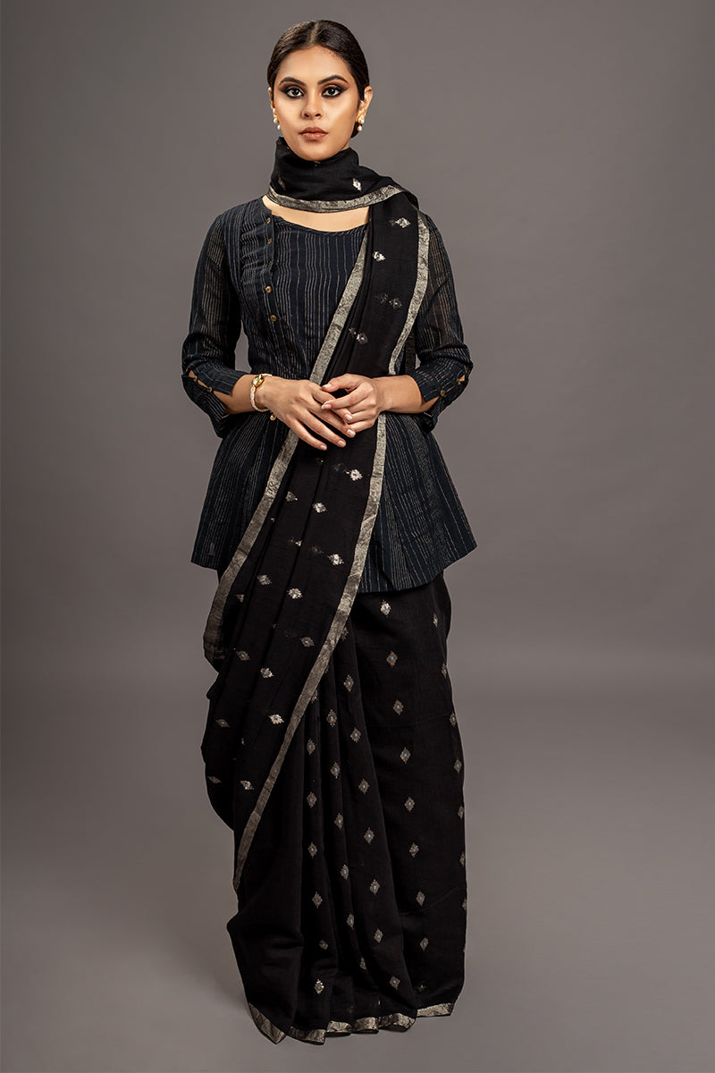 Black Zari Jamdani Pure Tussar Khadi Handloom Sari