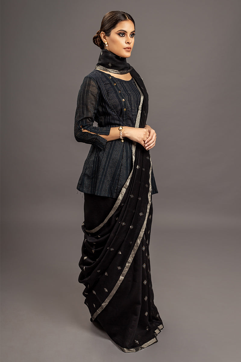 Black Zari Jamdani Pure Tussar Khadi Handloom Sari