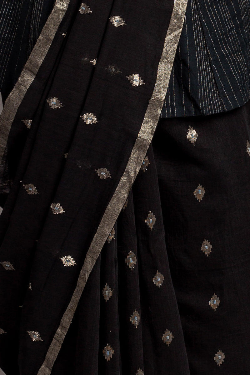 Black Zari Jamdani Pure Tussar Khadi Handloom Sari