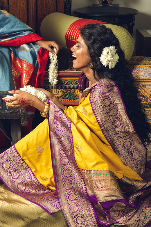Yellow Purple Zari Pure Katan Banarasi Sari