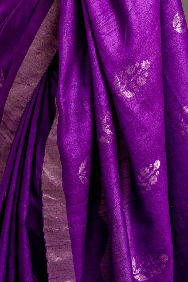 Verbena Purple Jamdani Pure Tussar Handloom Silk Sari