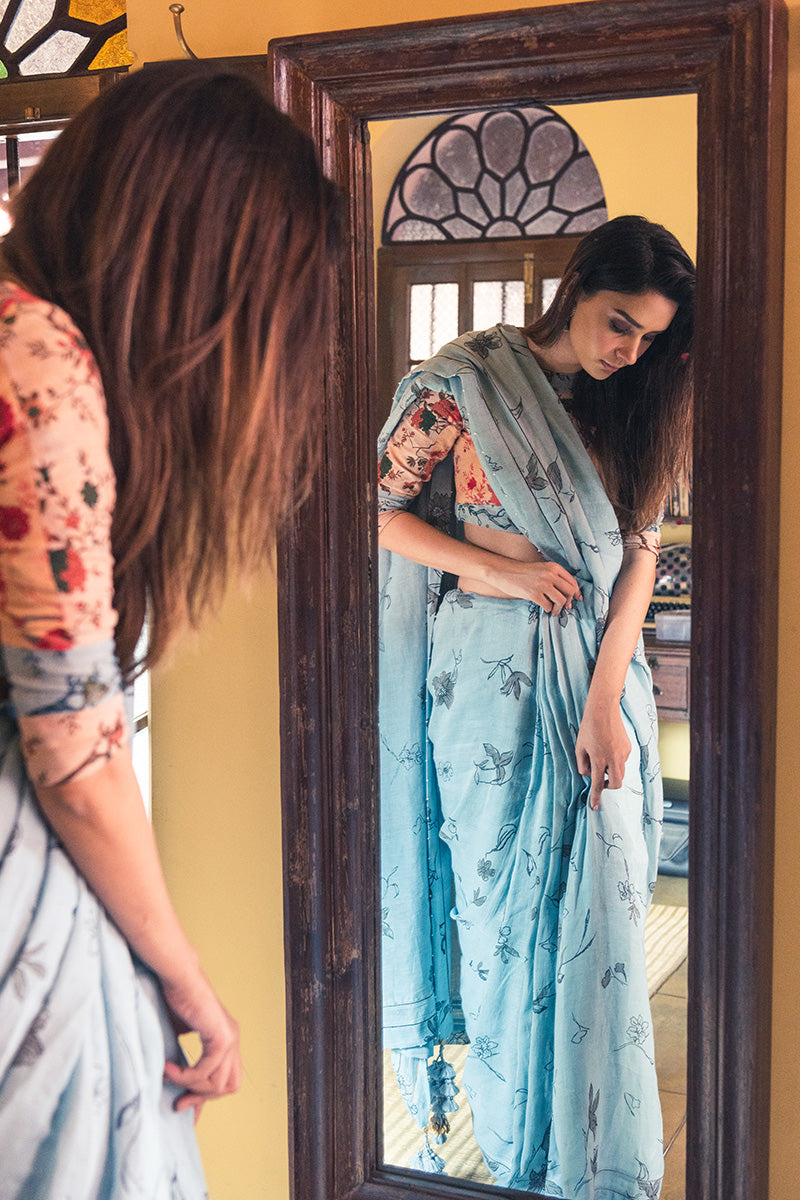 Spring Powder Grey Blue Linen Handloom Sari