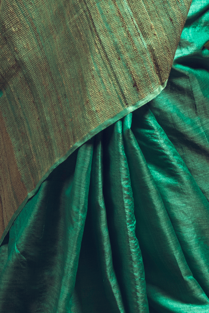 Sea Green Pure Tussar n Ghicha Handloom Sari