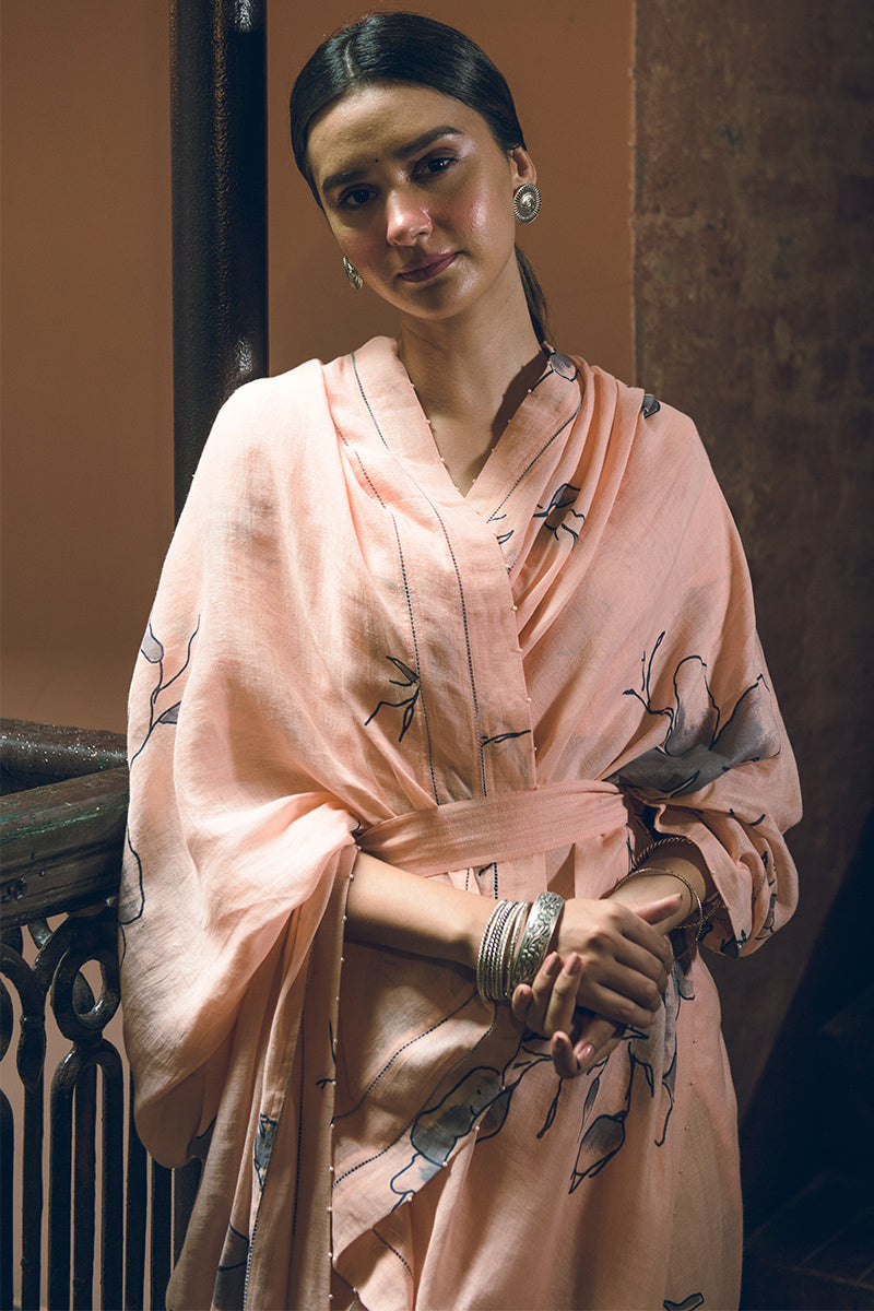 Grey Poppy on Peach Linen Handloom Sari
