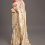 Beige Gold Silver Zari Jamdani Pure Tussar Silk Handloom Sari