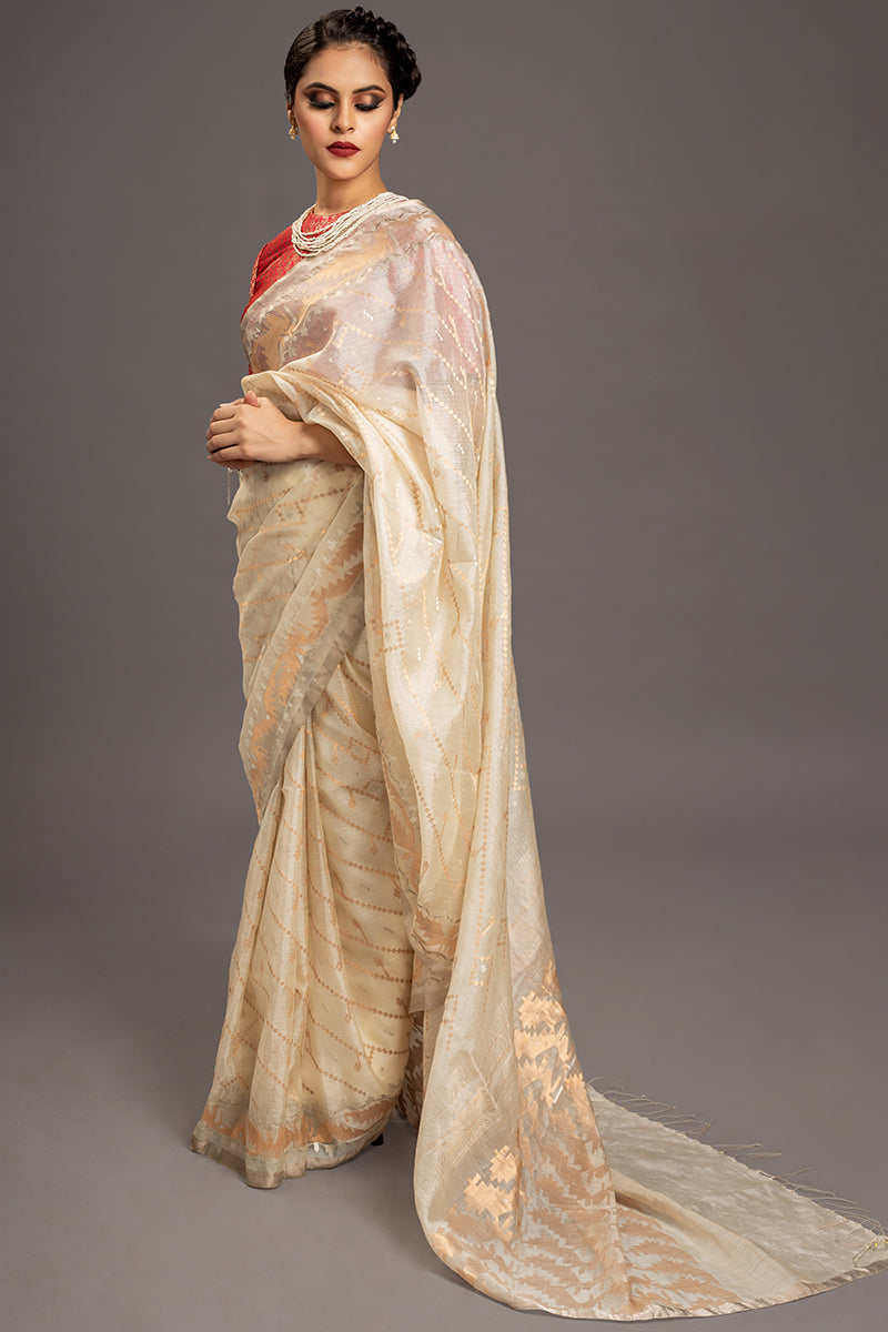 Beige Gold Silver Zari Jamdani Pure Tussar Silk Handloom Sari