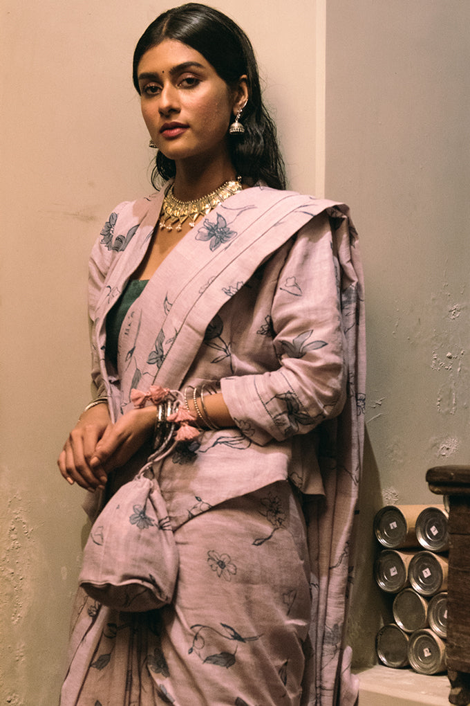 Vintage Lavender Linen Handloom Sari