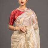 Beige Gold Silver Zari Jamdani Pure Tussar Silk Handloom Sari