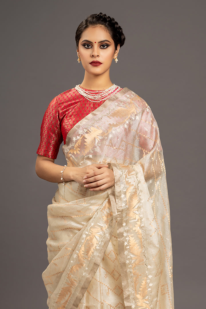 Beige Gold Silver Zari Jamdani Pure Tussar Silk Handloom Sari