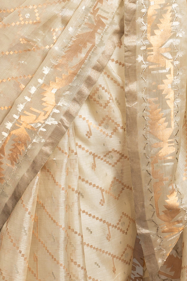 Beige Gold Silver Zari Jamdani Pure Tussar Silk Handloom Sari