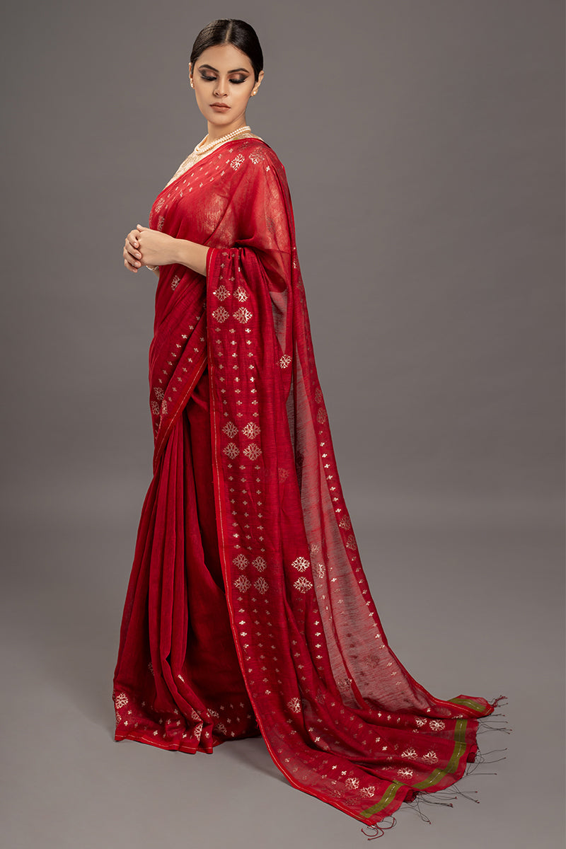 Red Zari Jamdani Pure Tussar Khadi Handloom Sari