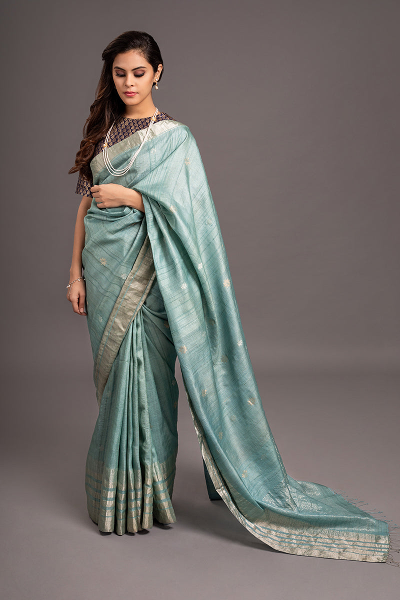 Ice Blue Zari Jamdani Pure Tussar Handloom Sari