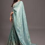 Ice Blue Zari Jamdani Pure Tussar Handloom Sari
