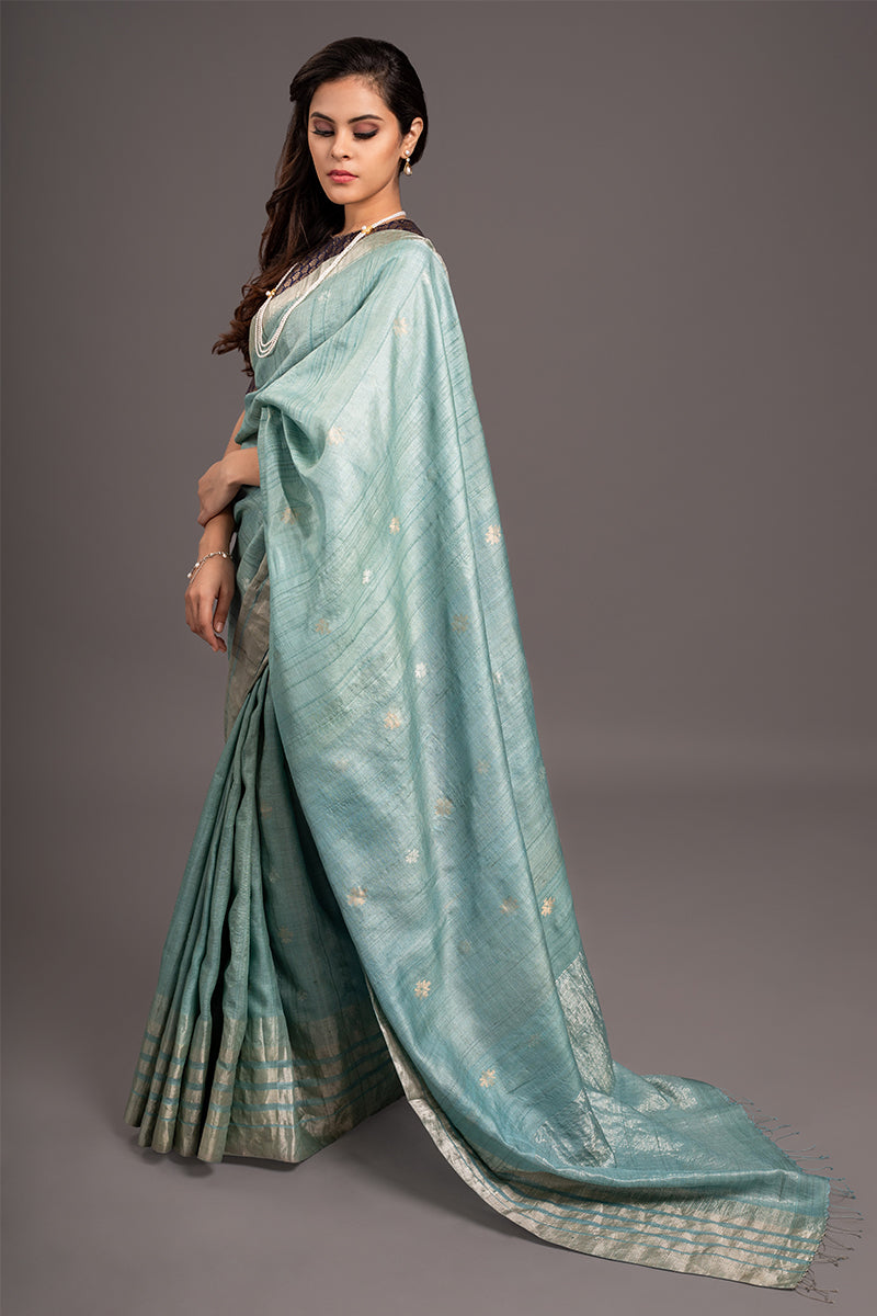 Ice Blue Zari Jamdani Pure Tussar Handloom Sari