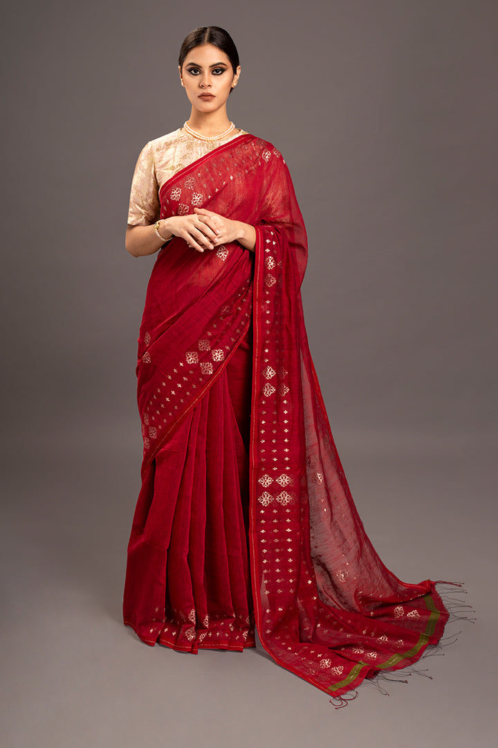 Red Zari Jamdani Pure Tussar Khadi Handloom Sari
