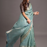 Ice Blue Zari Jamdani Pure Tussar Handloom Sari
