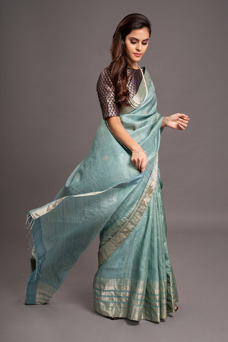 Ice Blue Zari Jamdani Pure Tussar Handloom Sari