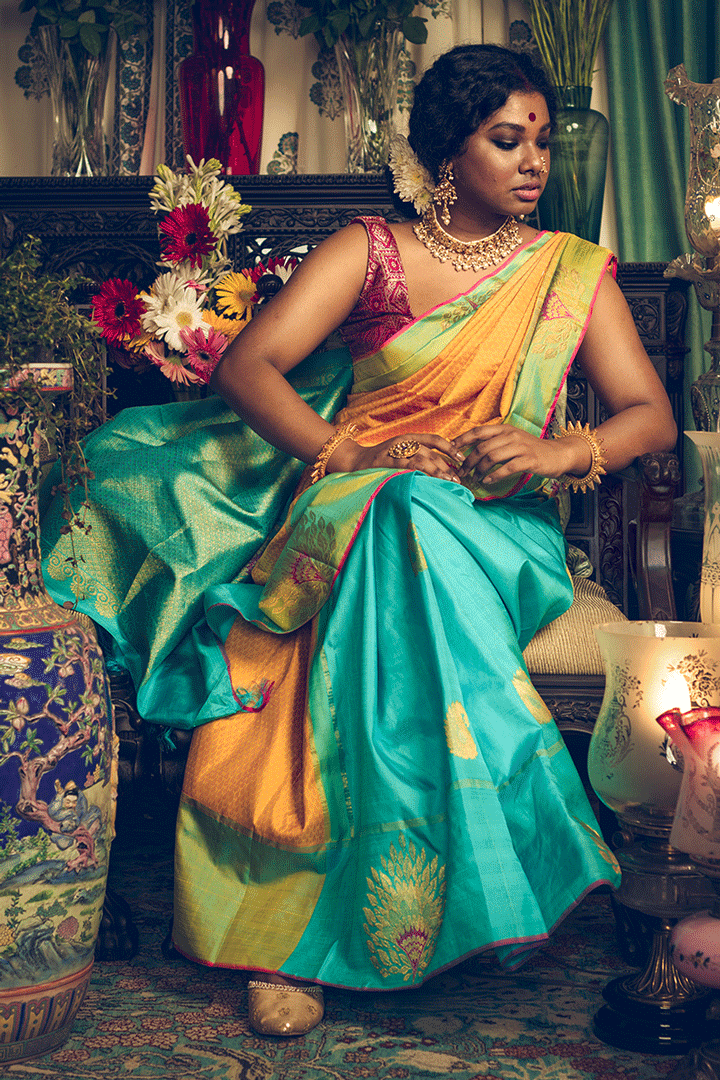 Half n Half Green Yellow Zari Kanjivaram Handloom Sari