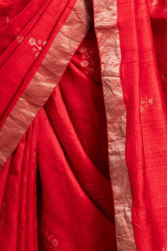 Scarlet Red Zari Jamdani Pure Tussar Handloom Sari