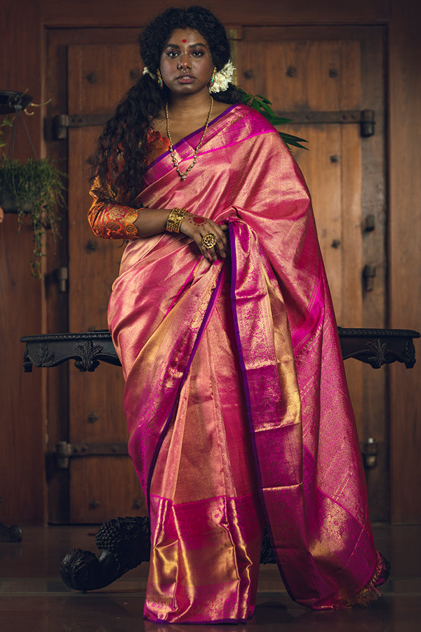 Pink Gold Zari Pure Silk Kanjivaram Handloom Sari
