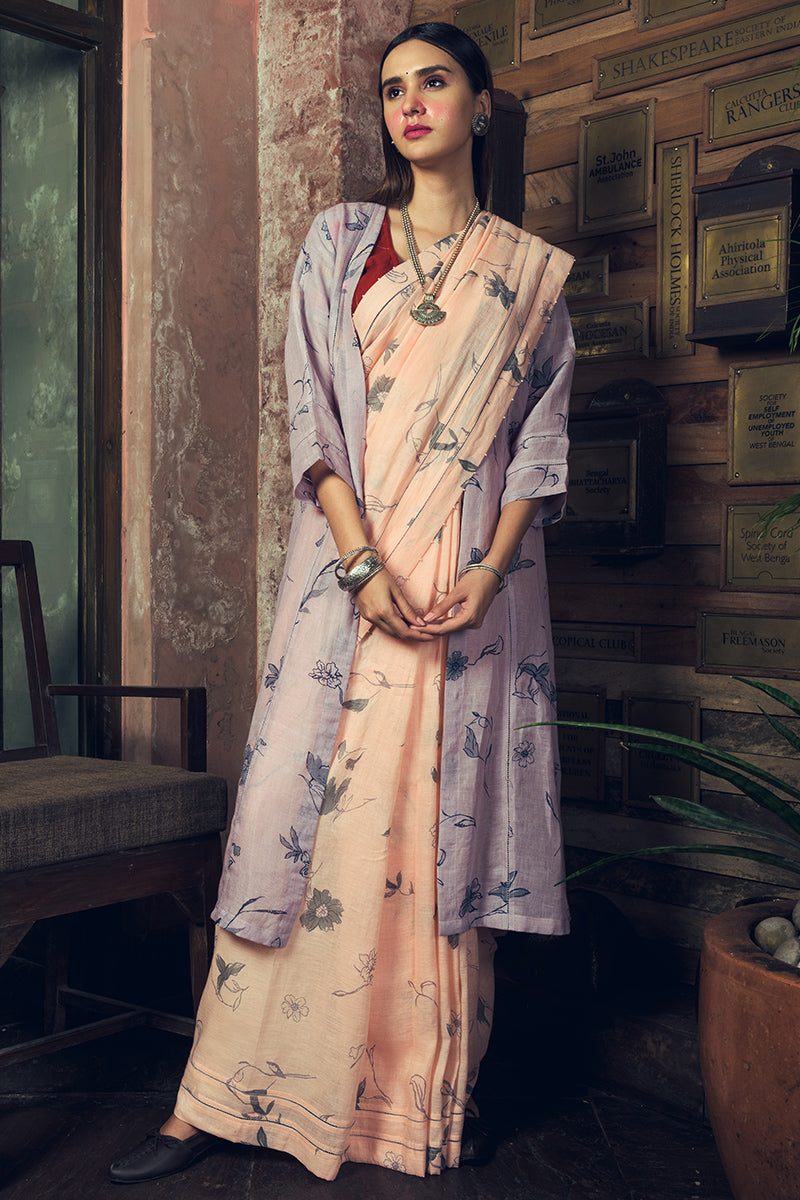 'Jayanti' Spring Pale Peach Linen Handloom Sari
