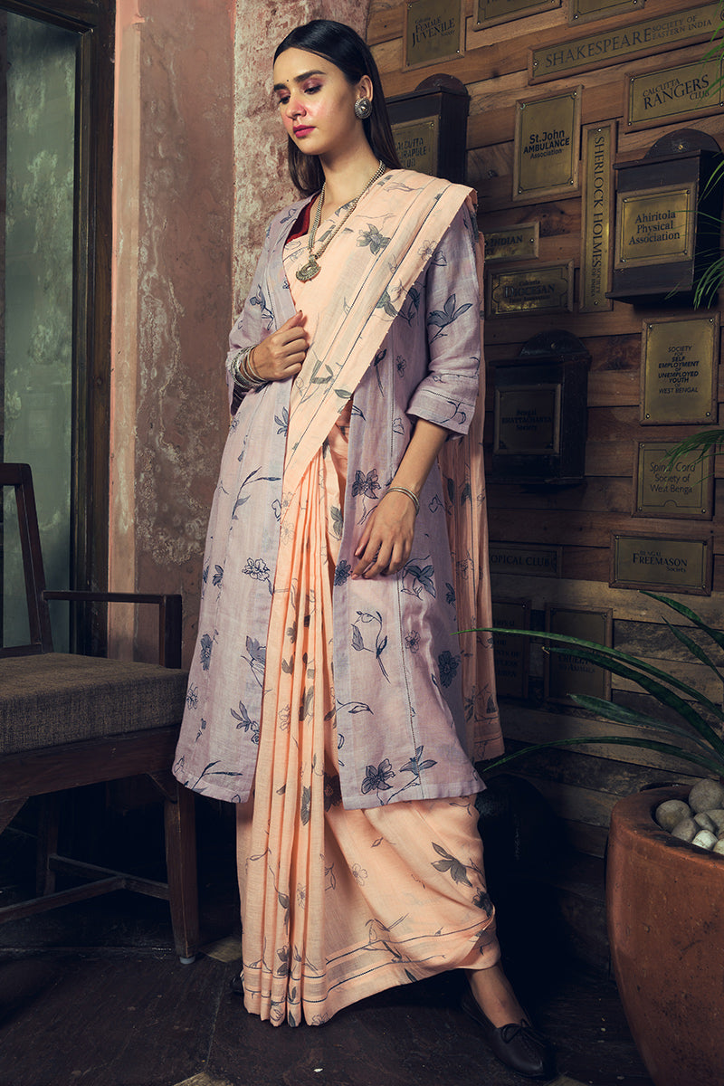 'Jayanti' Spring Pale Peach Linen Handloom Sari