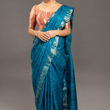 Azure Blue Zari Jamdani Pure Tussar Handloom Sari