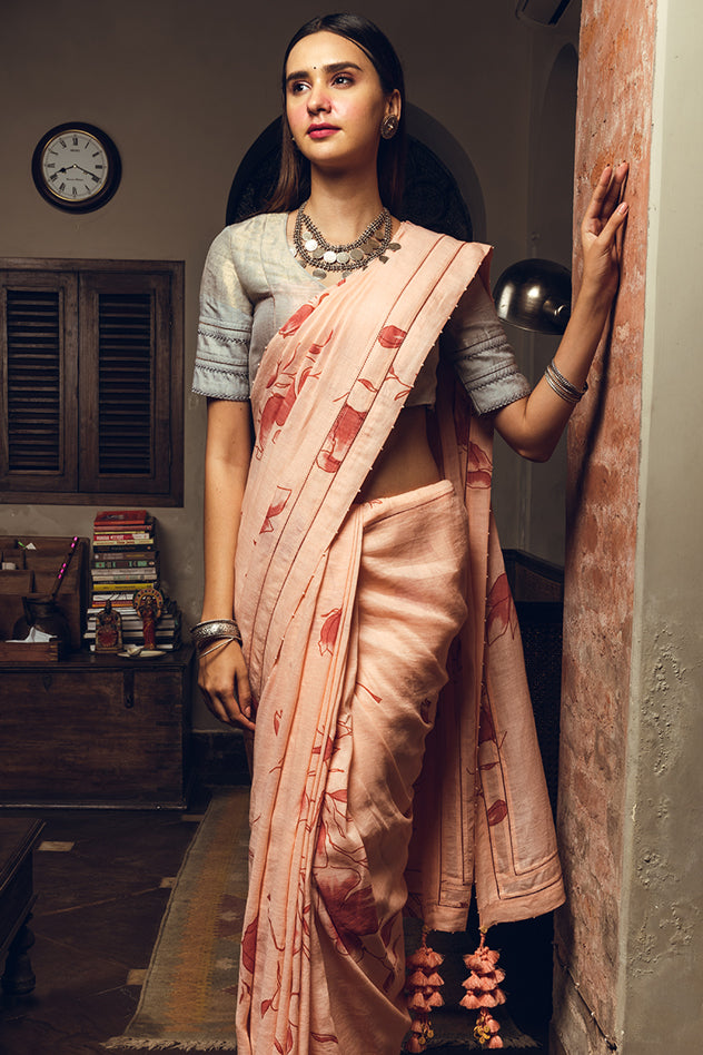 'Koumari' Poppy Pink Linen Handloom Sari
