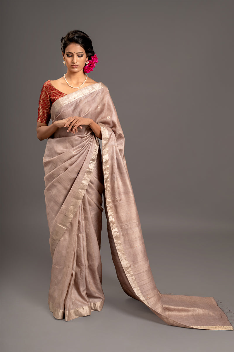 Taupe Zari Jamdani Pure Tussar Handloom Sari