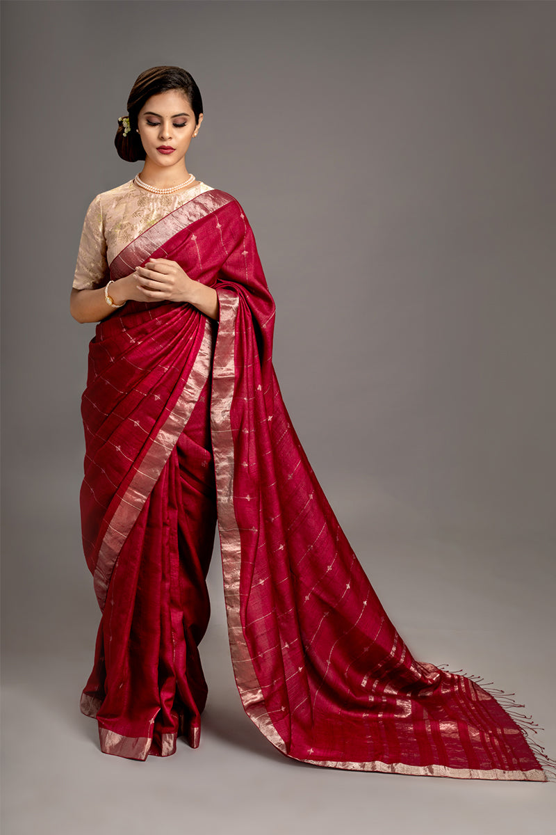 Carmine Zari Jamdani Pure Tussar Handloom Sari