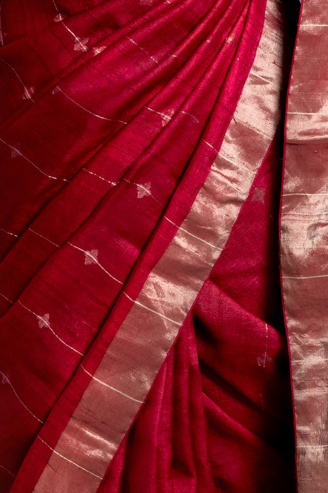 Carmine Zari Jamdani Pure Tussar Handloom Sari