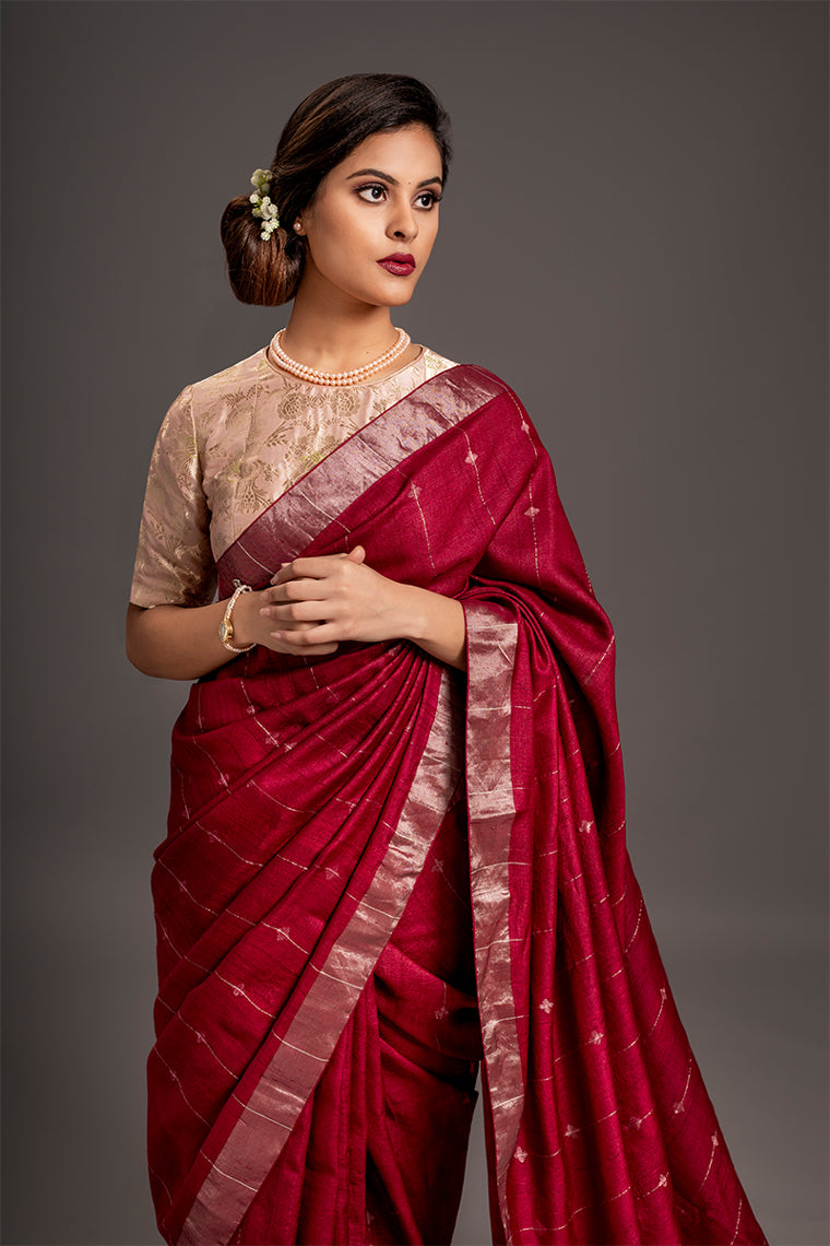 Carmine Zari Jamdani Pure Tussar Handloom Sari