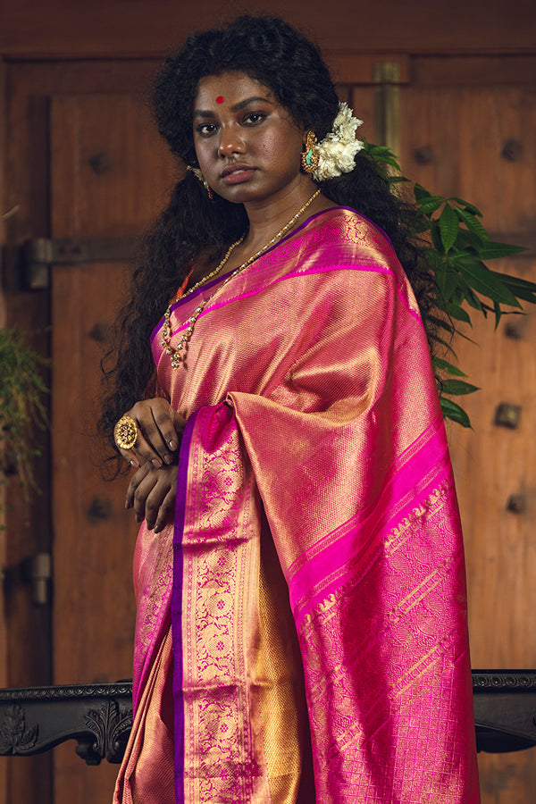 Pink Gold Zari Pure Silk Kanjivaram Handloom Sari