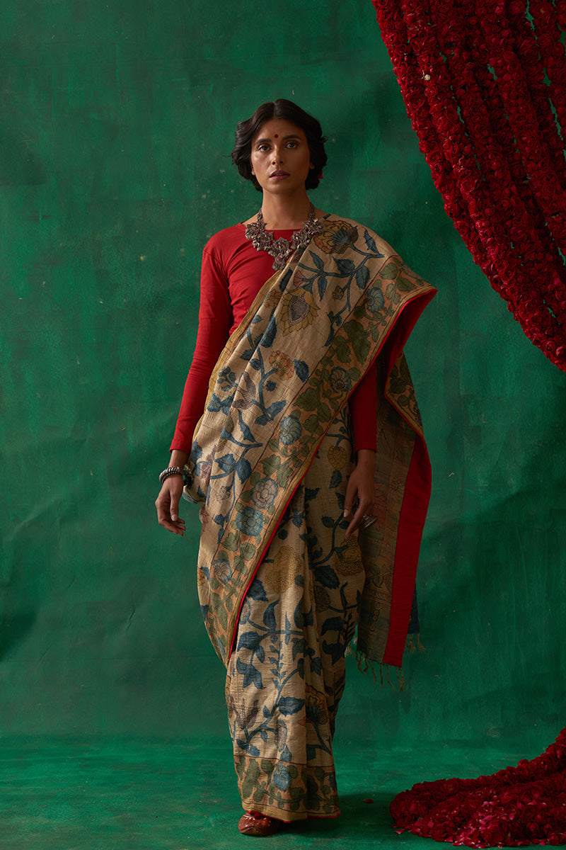 Muktamani' Kalamkari Pure Tussar Silk Sari