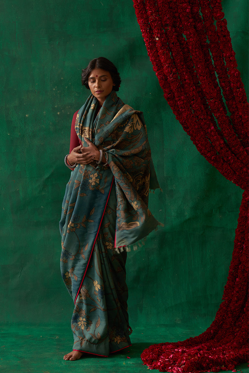Raagmala' Kalamkari Pure Kanjivaram Silk Sari