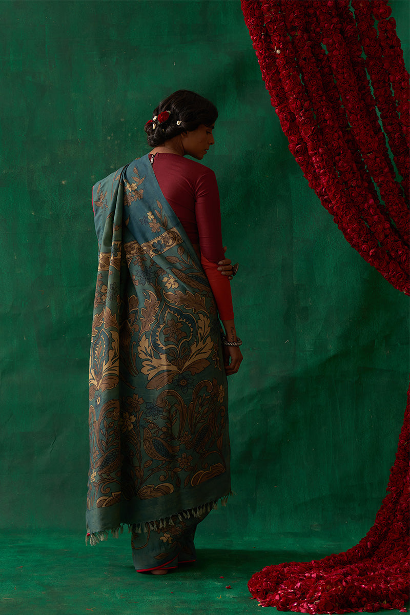 Raagmala' Kalamkari Pure Kanjivaram Silk Sari