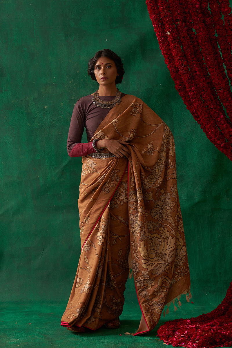 Mukhari' Kalamkari Pure Banarasi Silk Sari