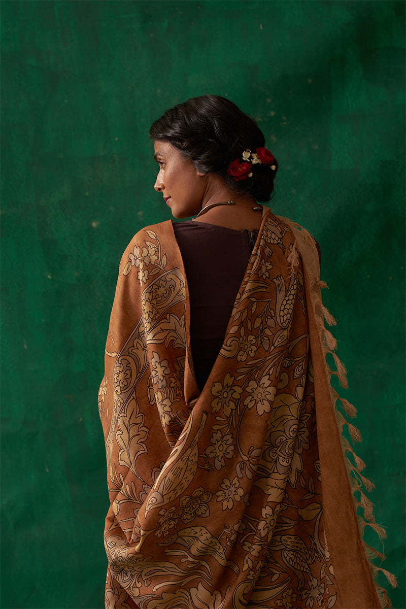 Mukhari' Kalamkari Pure Banarasi Silk Sari