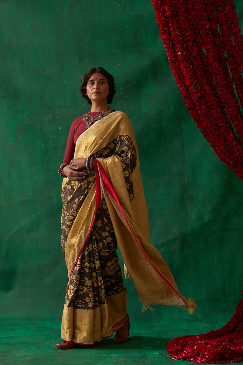 Pauravi' Kalamkari with Zari Pure Kanjivaram Silk Sari