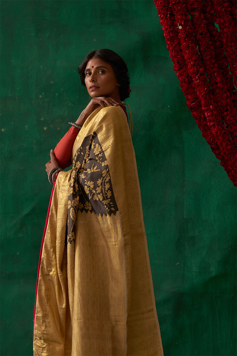 Pauravi' Kalamkari with Zari Pure Kanjivaram Silk Sari