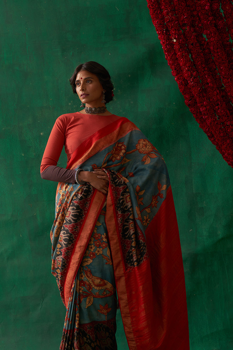 Malashri' Kalamkari with Zari Pure Pochampally Ikat Silk Sari