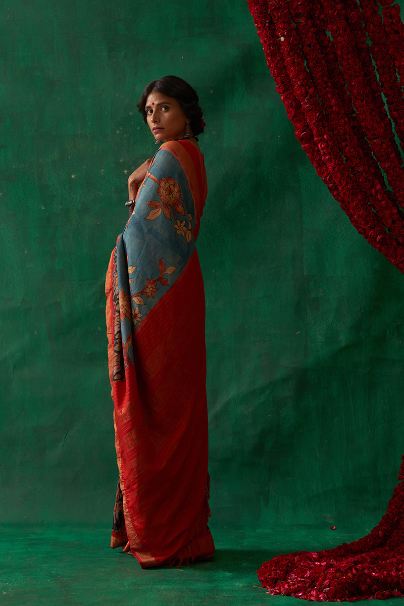 Malashri' Kalamkari with Zari Pure Pochampally Ikat Silk Sari