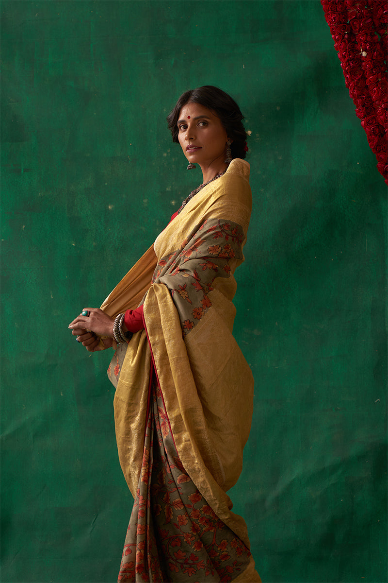 Sudarshna' Kalamkari with Zari Pure Kanjivaram Silk Sari
