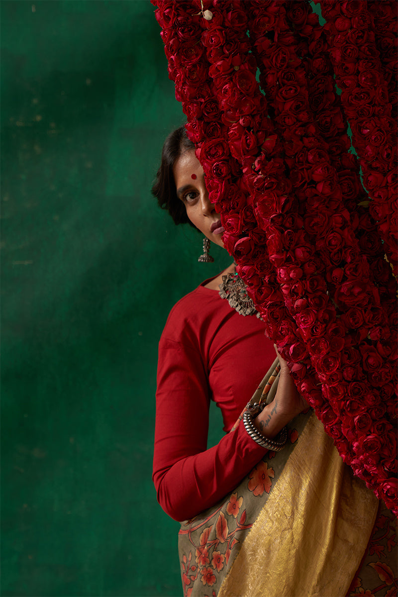 Sudarshna' Kalamkari with Zari Pure Kanjivaram Silk Sari