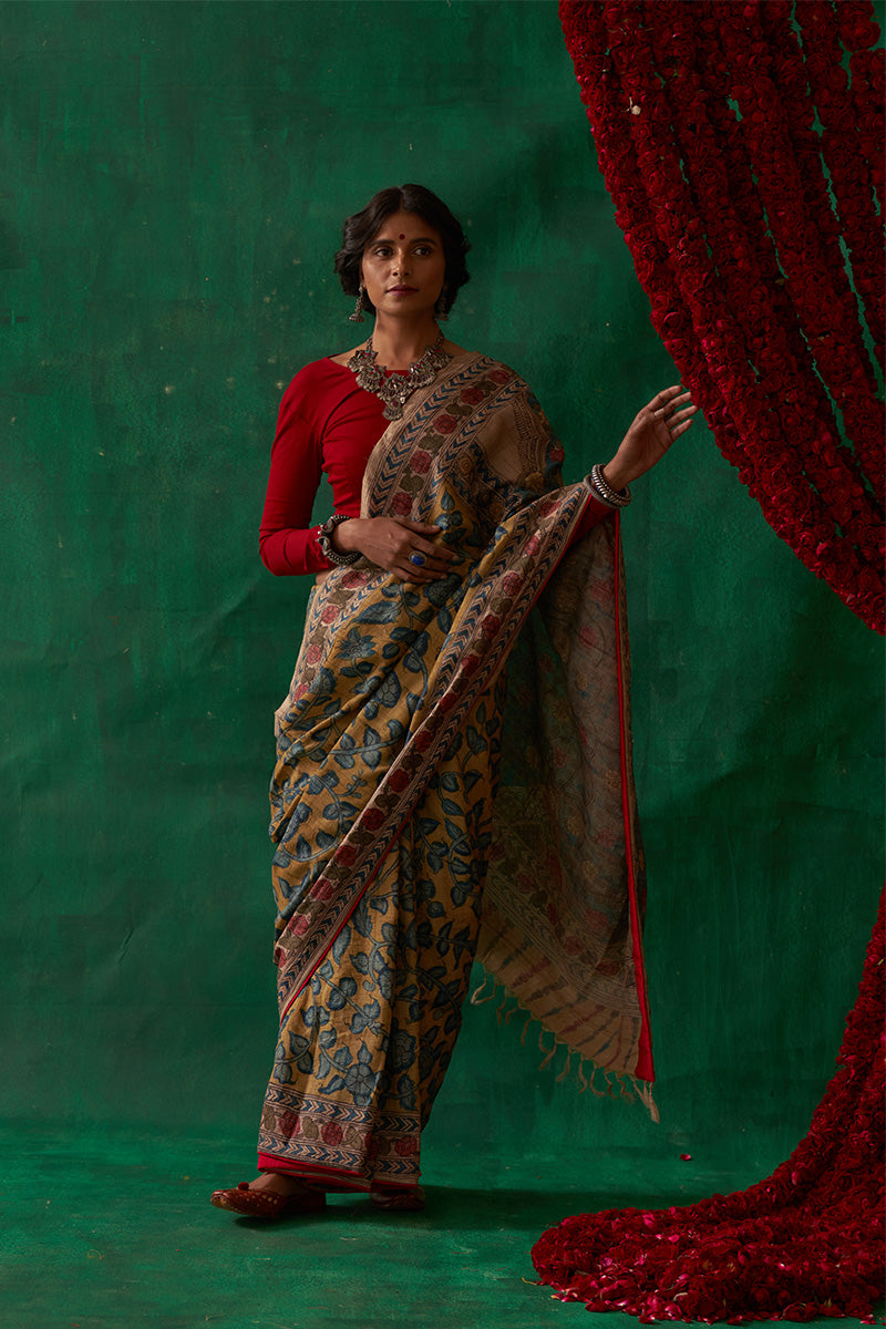 Mugdha' Kalamkari Pure Tussar Silk Sari