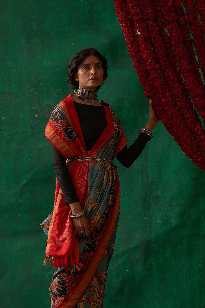Uttama' Kalamkari with Zari Pure Pochampally Ikat Silk Sari